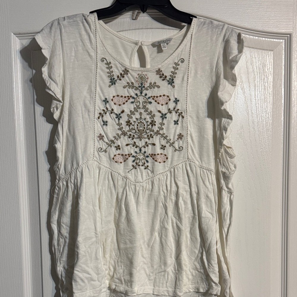 Lucky Brand Ivory Embroidered Ruffle Blouse
